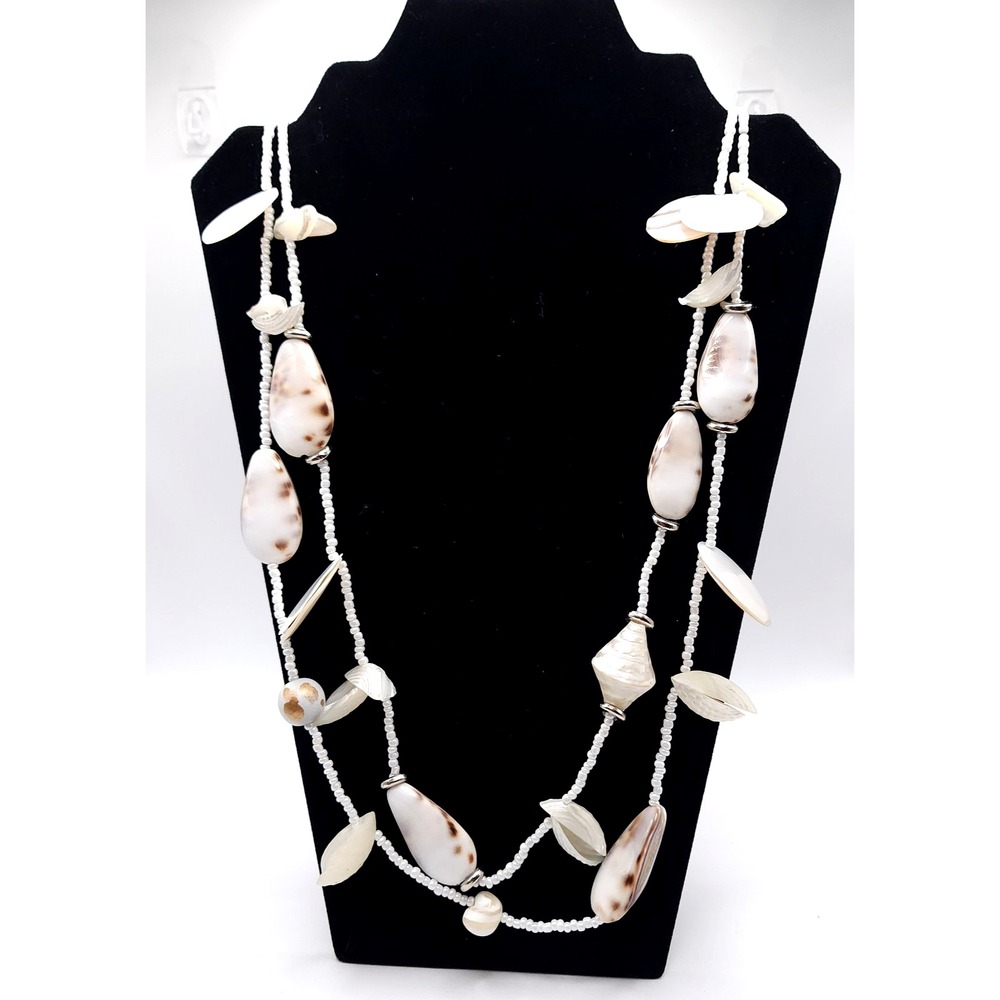Vintage Double Strand Shell Necklace Mother of Pearl Coastal Boho 34-37in